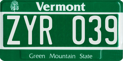 VT license plate ZYR039