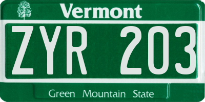 VT license plate ZYR203