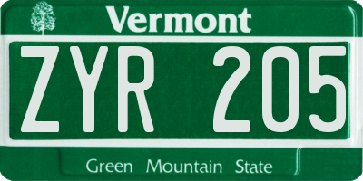VT license plate ZYR205