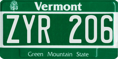 VT license plate ZYR206