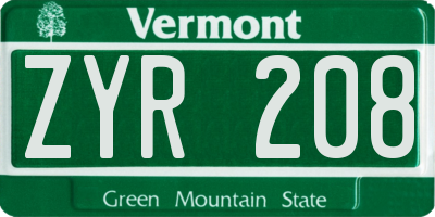 VT license plate ZYR208