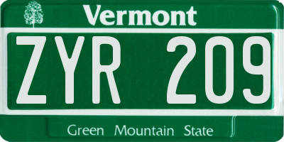 VT license plate ZYR209
