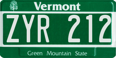 VT license plate ZYR212