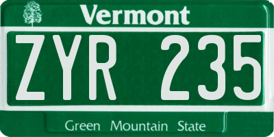 VT license plate ZYR235