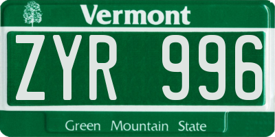 VT license plate ZYR996