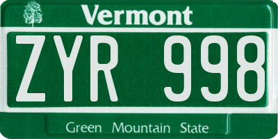 VT license plate ZYR998