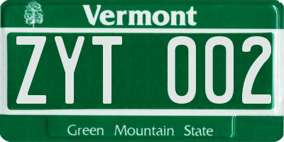 VT license plate ZYT002