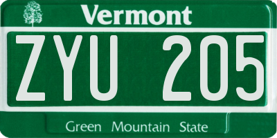 VT license plate ZYU205