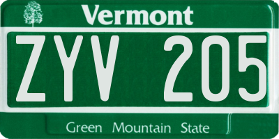 VT license plate ZYV205
