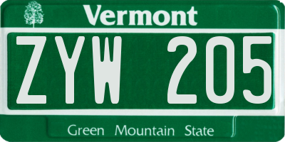 VT license plate ZYW205