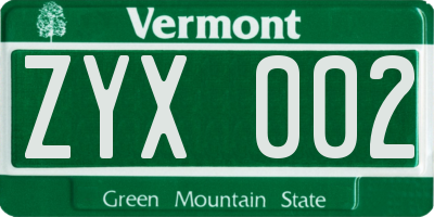 VT license plate ZYX002