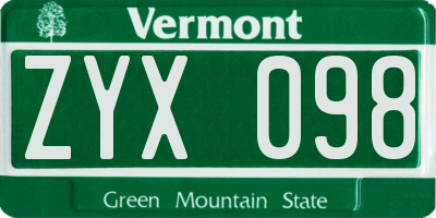 VT license plate ZYX098