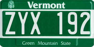 VT license plate ZYX192