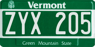 VT license plate ZYX205