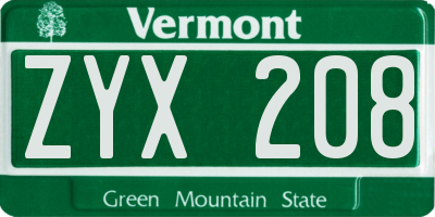 VT license plate ZYX208