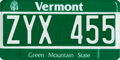 VT license plate ZYX455