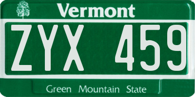 VT license plate ZYX459
