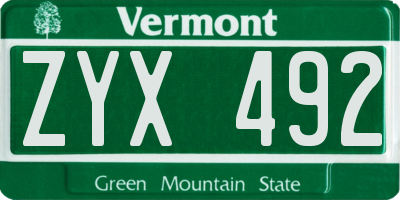 VT license plate ZYX492