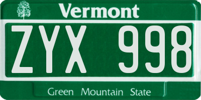 VT license plate ZYX998