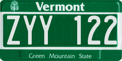 VT license plate ZYY122