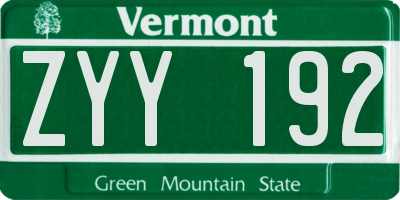 VT license plate ZYY192