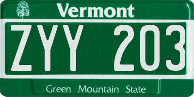 VT license plate ZYY203