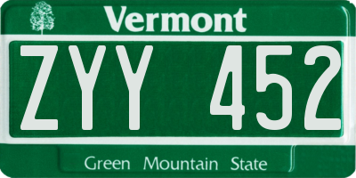 VT license plate ZYY452