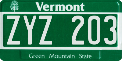 VT license plate ZYZ203