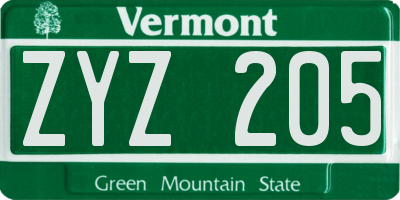 VT license plate ZYZ205