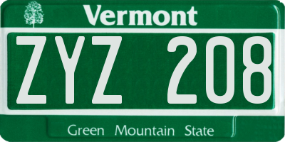 VT license plate ZYZ208