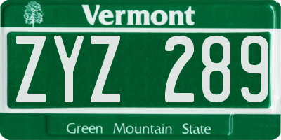 VT license plate ZYZ289