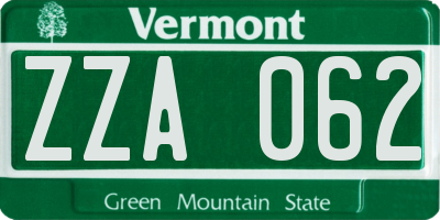 VT license plate ZZA062