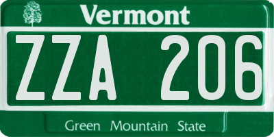 VT license plate ZZA206