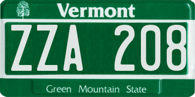 VT license plate ZZA208