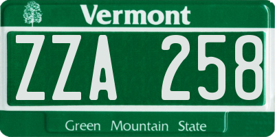 VT license plate ZZA258