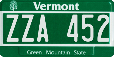 VT license plate ZZA452