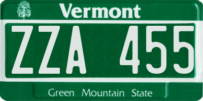VT license plate ZZA455