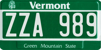 VT license plate ZZA989
