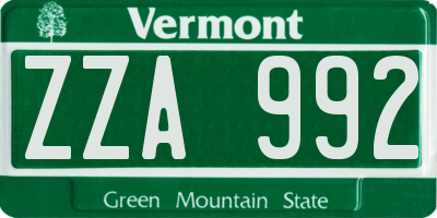 VT license plate ZZA992