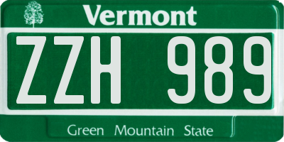 VT license plate ZZH989