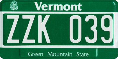 VT license plate ZZK039