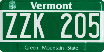 VT license plate ZZK205