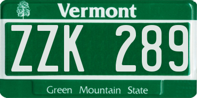 VT license plate ZZK289