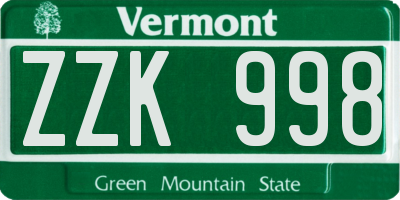 VT license plate ZZK998