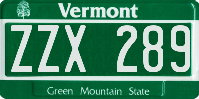 VT license plate ZZX289