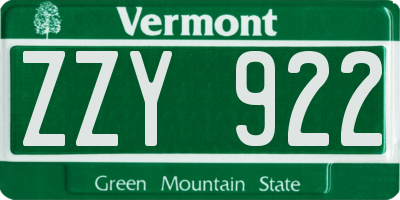 VT license plate ZZY922