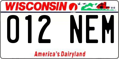 WI license plate 012NEM