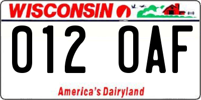 WI license plate 012OAF