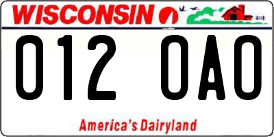 WI license plate 012OAO