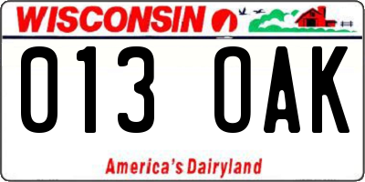 WI license plate 013OAK